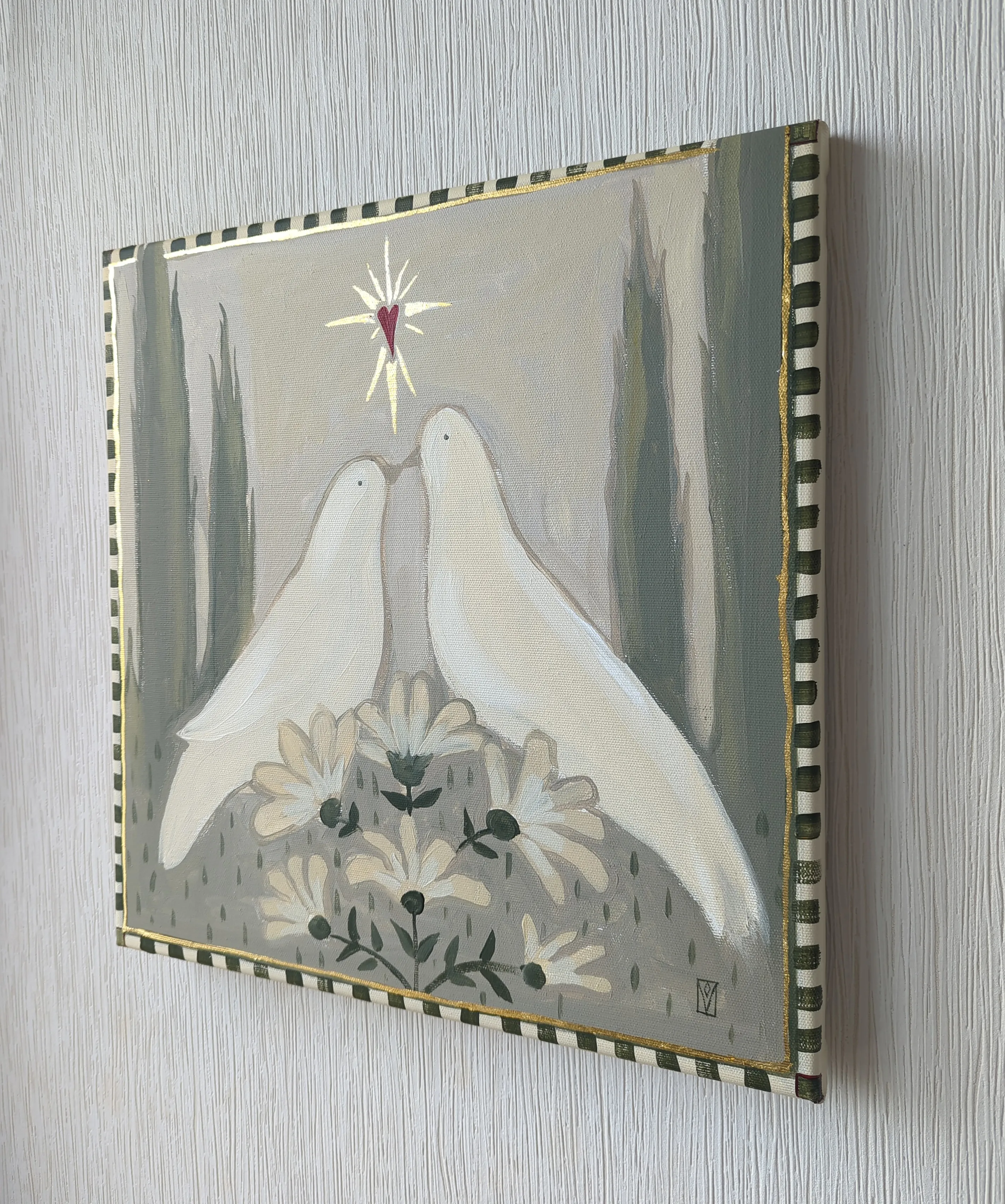 Image of Love doves by Olha Vlasova, size: 40x40, made of Acrylic on canvas, Painting medium, from Ukraine, part of the Romanticization series, priced at €450 Photo 2 of 6.