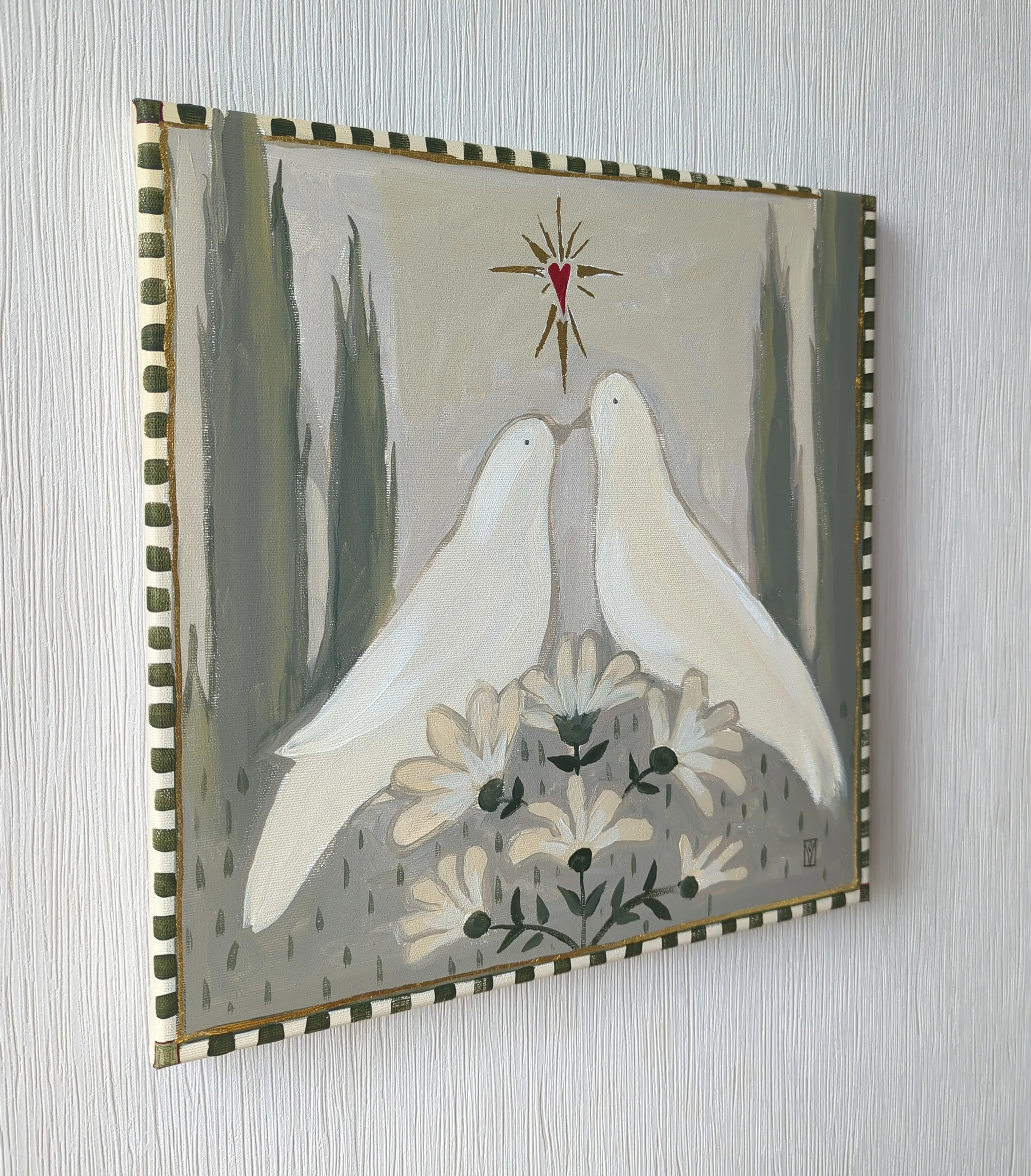 Image of Love doves by Olha Vlasova, size: 40x40, made of Acrylic on canvas, Painting medium, from Ukraine, part of the Romanticization series, priced at €450 Photo 3 of 6.