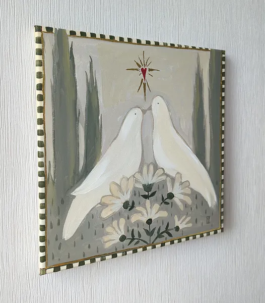 Image of Love doves by Olha Vlasova, size: 40x40, made of Acrylic on canvas, Painting medium, from Ukraine, part of the Romanticization series, priced at €450 Photo 3 of 6.