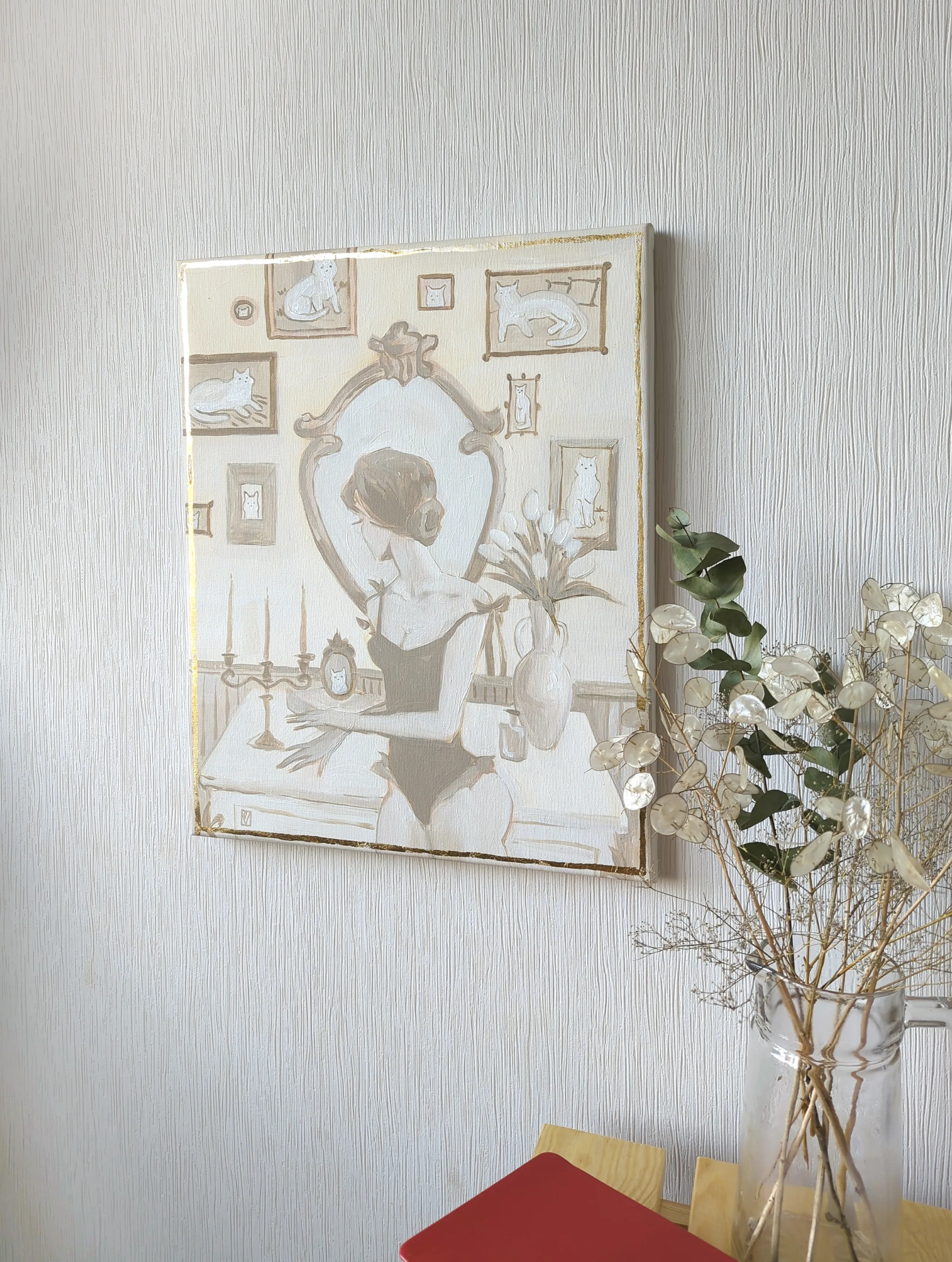 Image of Cat lady by Olha Vlasova, size: 50x40, made of Acrylic on canvas, Painting medium, from Ukraine, part of the Romanticization series, priced at €500 Photo 2 of 4.