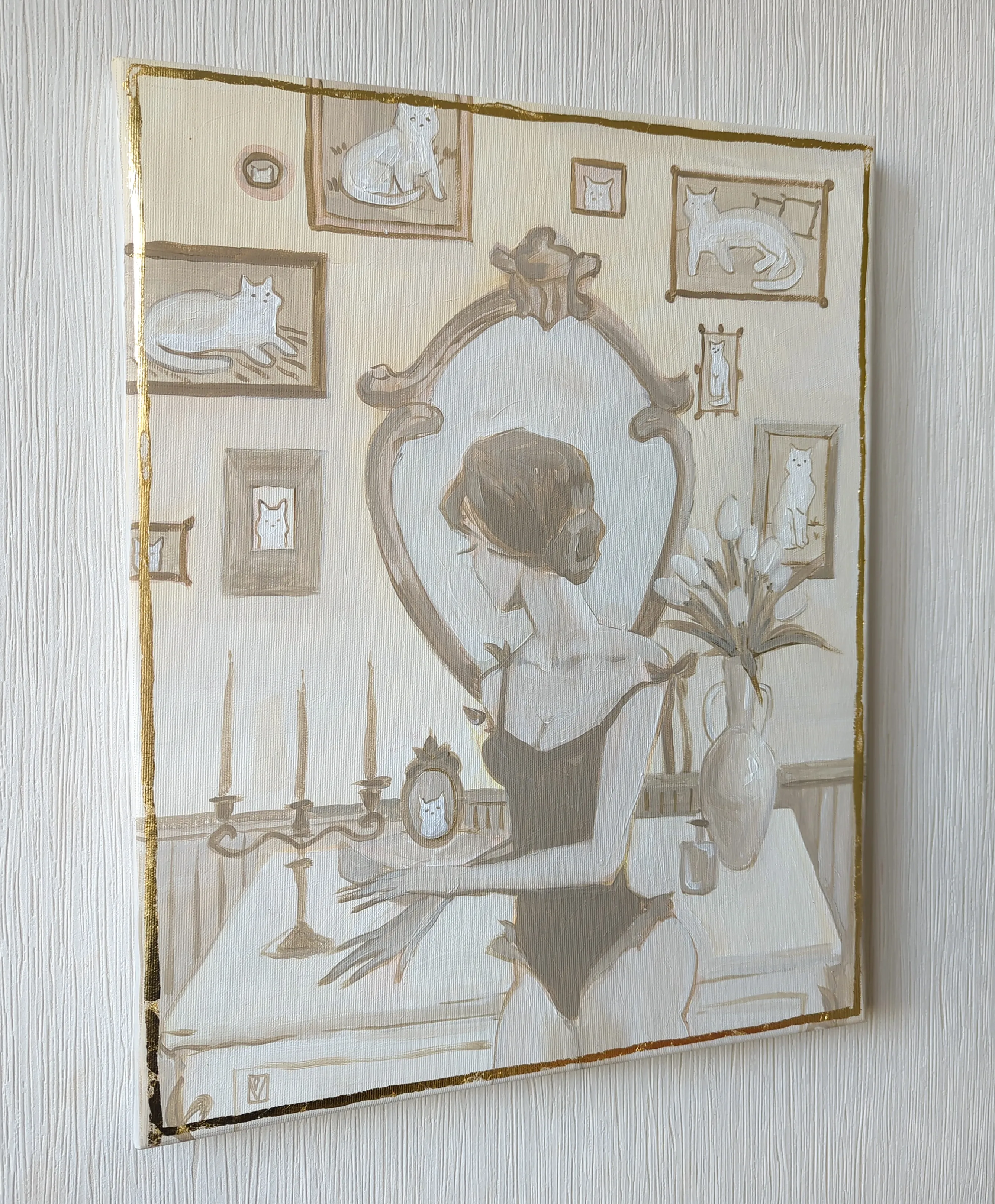 Image of Cat lady by Olha Vlasova, size: 50x40, made of Acrylic on canvas, Painting medium, from Ukraine, part of the Romanticization series, priced at €500 Photo 3 of 4.