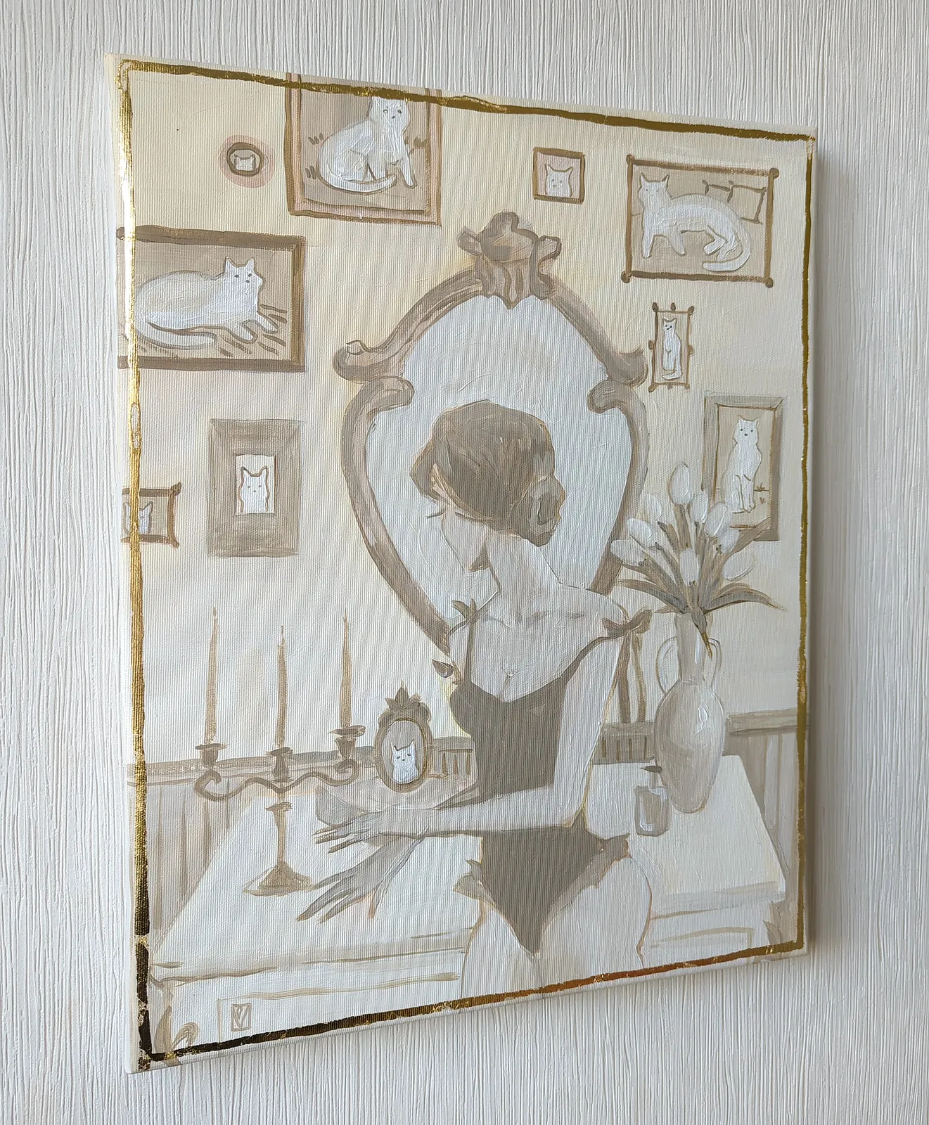 Image of Cat lady by Olha Vlasova, size: 50x40, made of Acrylic on canvas, Painting medium, from Ukraine, part of the Romanticization series, priced at €500 (≈ 26,035 грн) Photo 3 of 4.