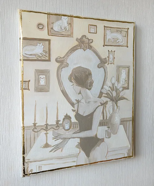 Image of Cat lady by Olha Vlasova, size: 50x40, made of Acrylic on canvas, Painting medium, from Ukraine, part of the Romanticization series, priced at €500 Photo 3 of 4.