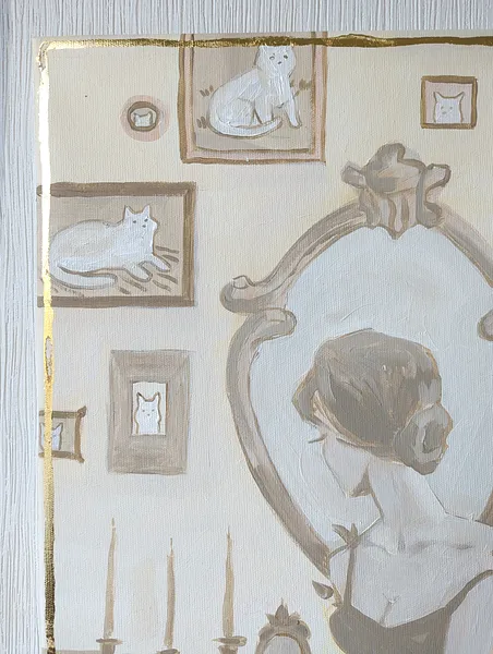 Image of Cat lady by Olha Vlasova, size: 50x40, made of Acrylic on canvas, Painting medium, from Ukraine, part of the Romanticization series, priced at €500 Photo 4 of 4.