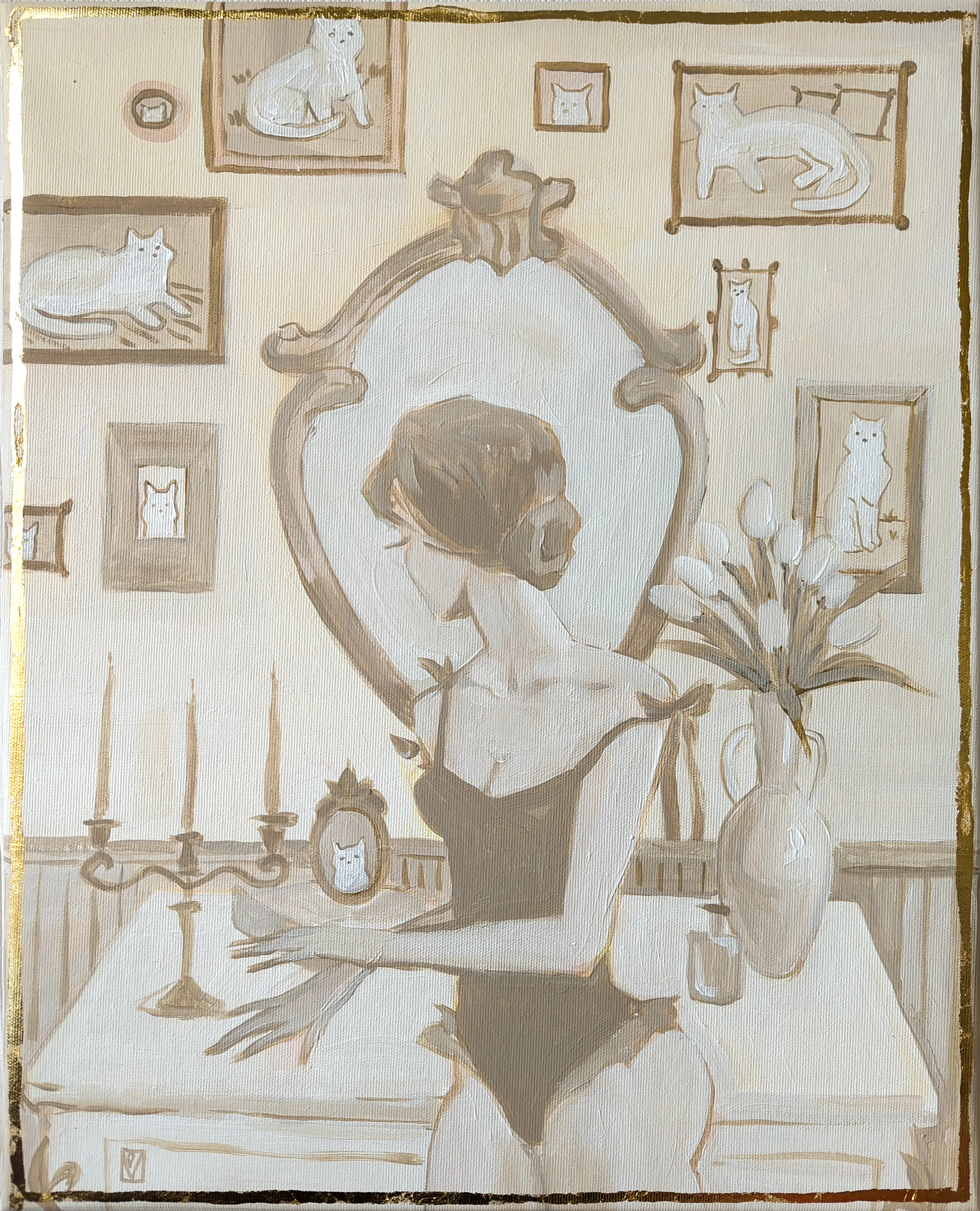 Image of Cat lady by Olha Vlasova, size: 50x40, made of Acrylic on canvas, Painting medium, from Ukraine, part of the Romanticization series, priced at €500 Photo 1 of 4.