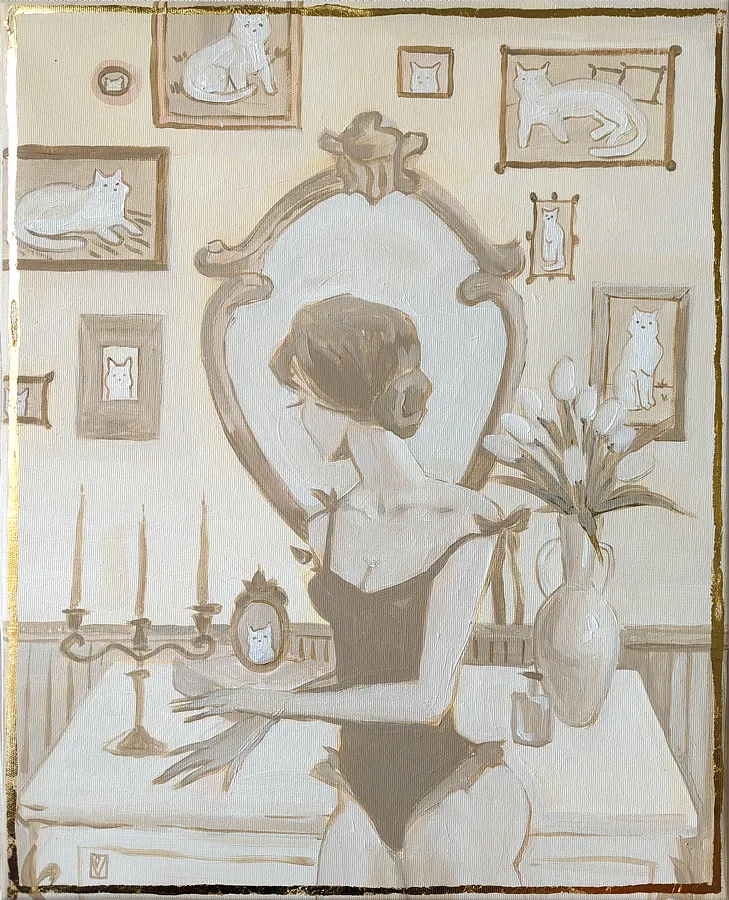 Image of Cat lady by Olha Vlasova, size: 50x40, made of Acrylic on canvas, Painting medium, from Ukraine, part of the Romanticization series, priced at €500