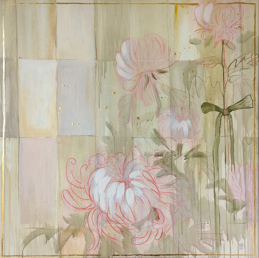 Image of Chrysanthemums by Olha Vlasova, size: 80x80, made of Acrylic on canvas, from Ukraine, part of the Romanticization series, priced at €900