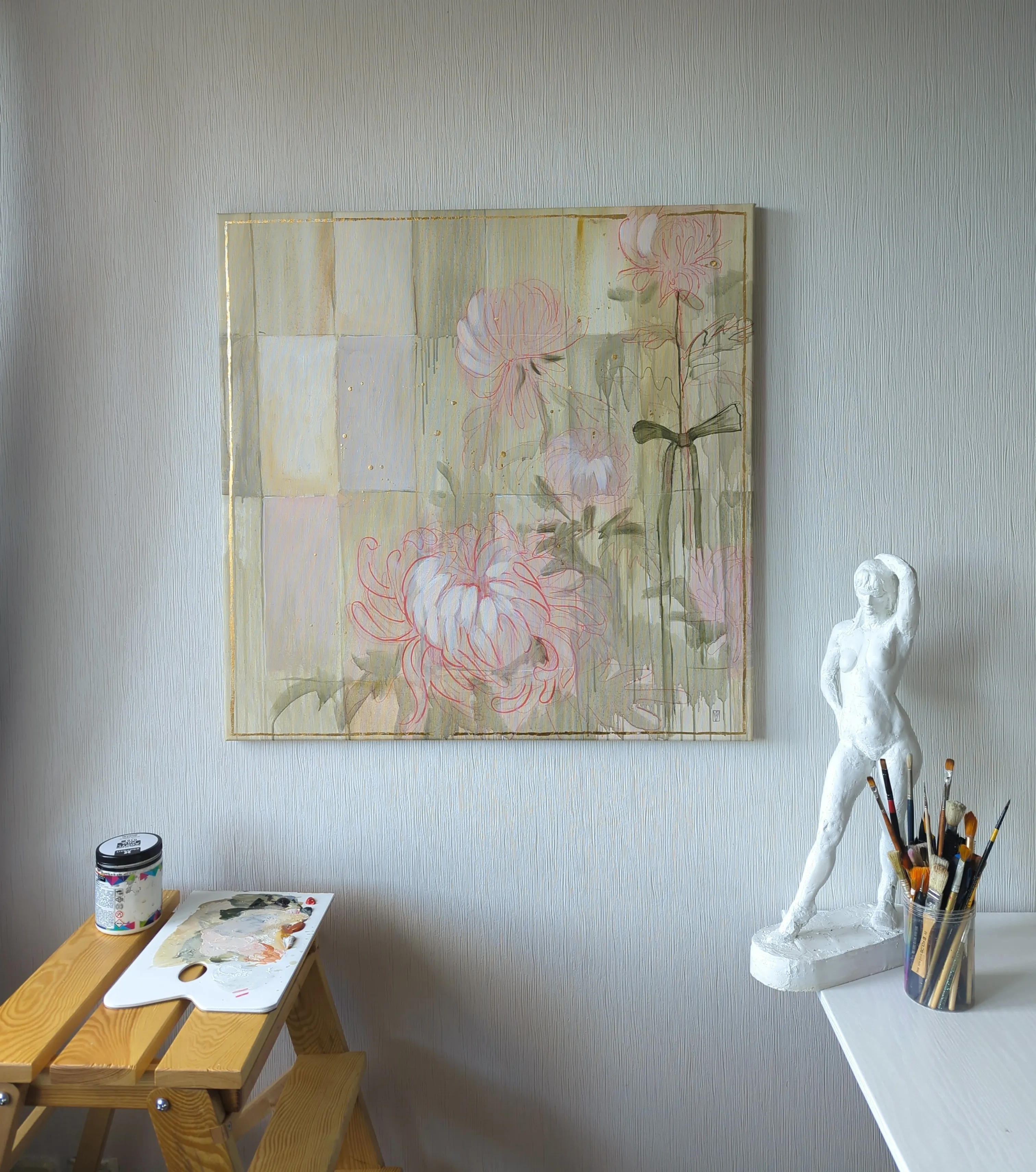 Image of Chrysanthemums by Olha Vlasova, size: 80x80, made of Acrylic on canvas, from Ukraine, part of the Romanticization series, priced at €900 Photo 2 of 5.
