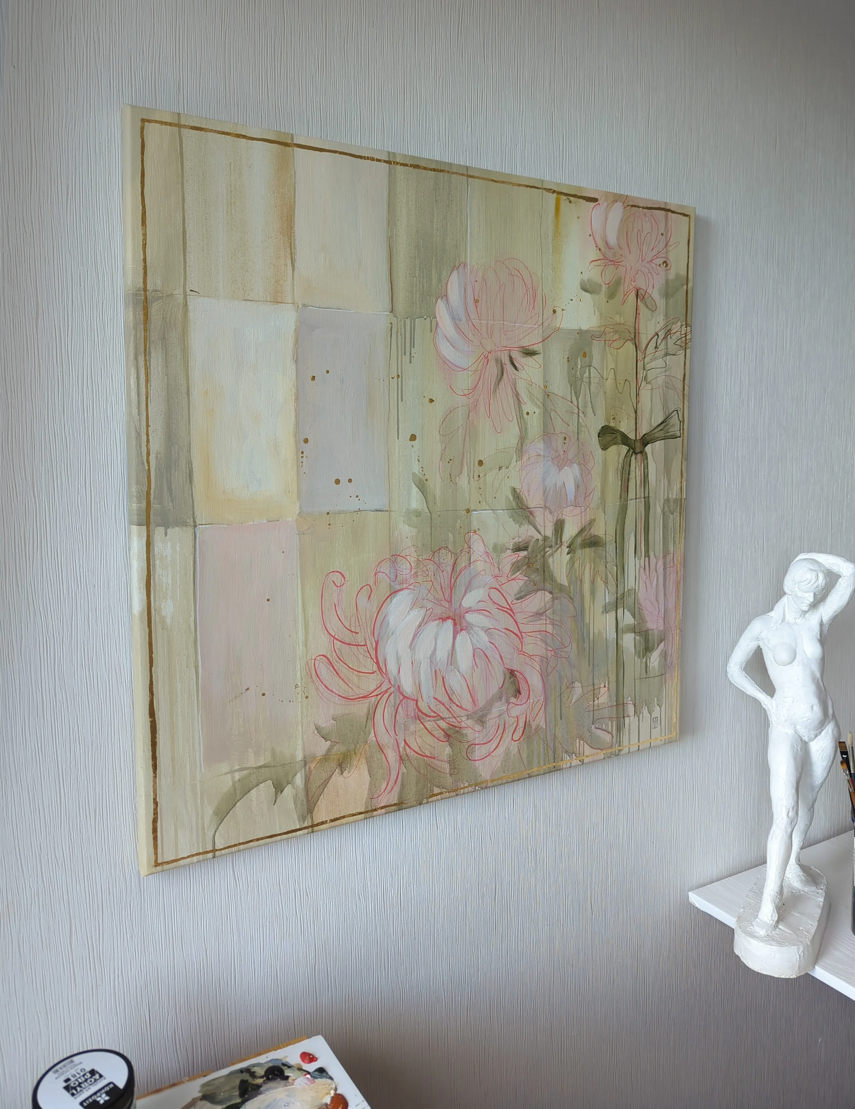 Image of Chrysanthemums by Olha Vlasova, size: 80x80, made of Acrylic on canvas, from Ukraine, part of the Romanticization series, priced at €900 Photo 3 of 5.