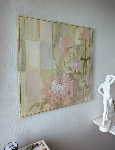 Image of Chrysanthemums by Olha Vlasova, size: 80x80, made of Acrylic on canvas, from Ukraine, part of the Romanticization series, priced at €900 Photo 3 of 5.