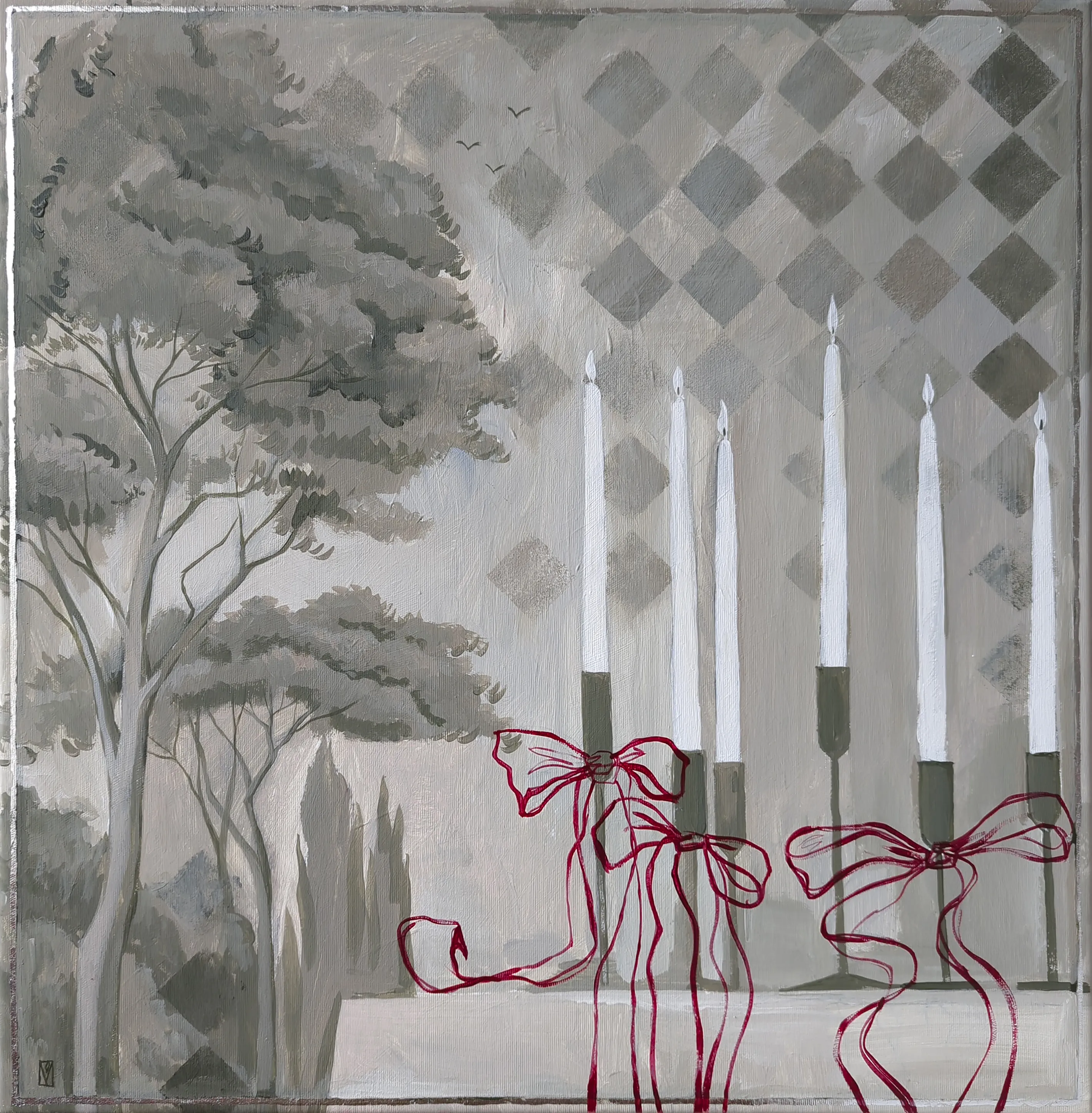 Image of Candlelit harmony by Olha Vlasova, size: 60x60 cm, made of Acrylic on canvas, Painting medium, from Ukraine, part of the Romanticization series, priced at €700 Photo 1 of 4.