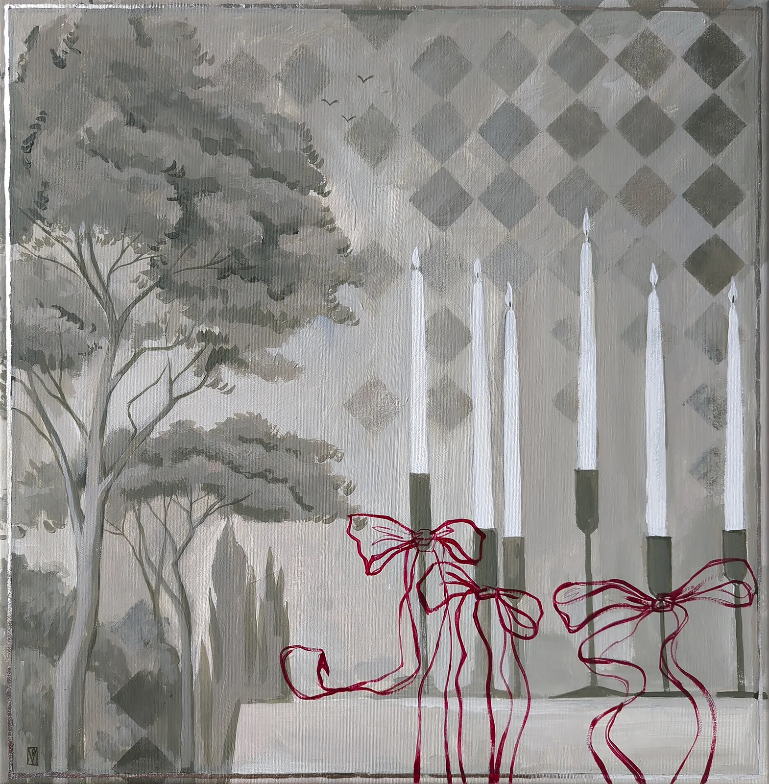 Image of Candlelit harmony by Olha Vlasova, size: 60x60 cm, made of Acrylic on canvas, Painting medium, from Ukraine, part of the Romanticization series, priced at €700 Photo 1 of 4.