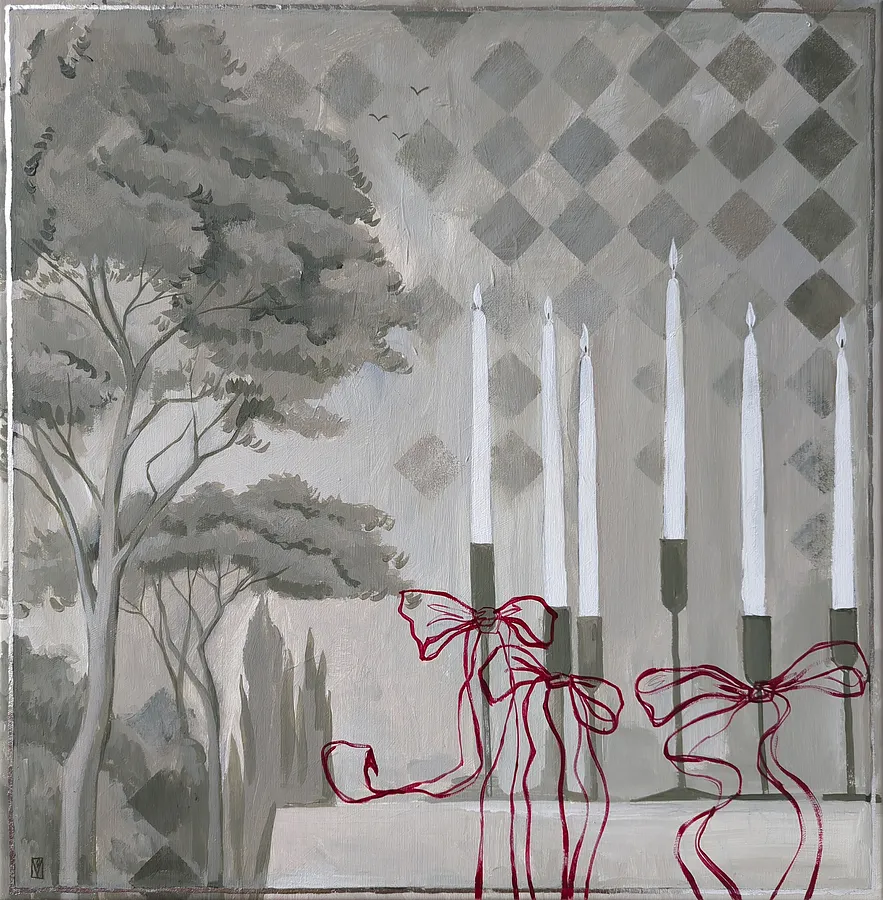 Image of Candlelit harmony by Olha Vlasova, size: 60x60 cm, made of Acrylic on canvas, Painting medium, from Ukraine, part of the Romanticization series, priced at €700