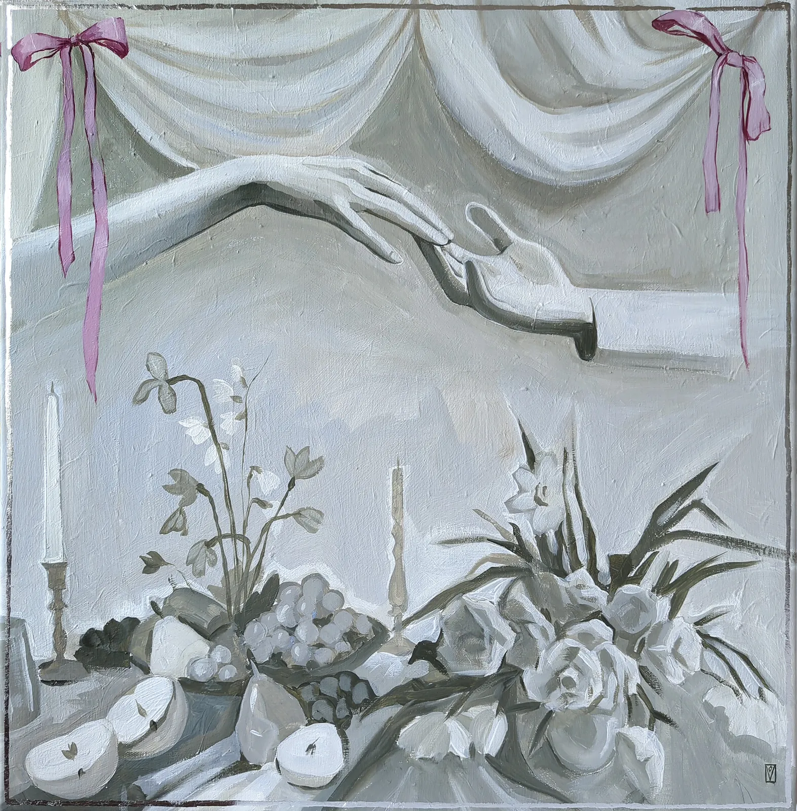 Image of A life well loved by Olha Vlasova, size: 60x60 cm, made of Acrylic on canvas, Painting medium, from Ukraine, part of the Romanticization series, priced at €700 Photo 1 of 6.