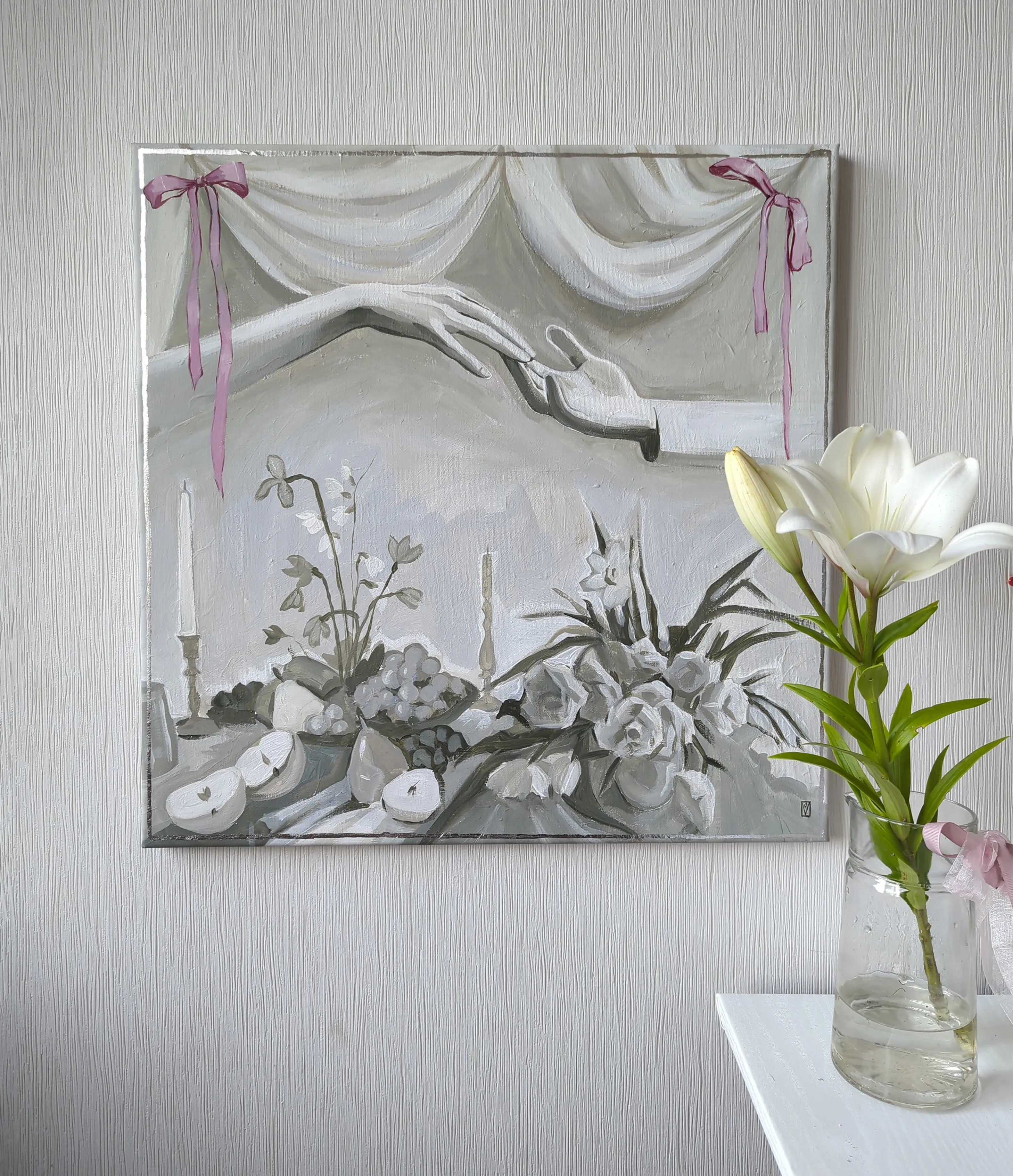 Image of A life well loved by Olha Vlasova, size: 60x60 cm, made of Acrylic on canvas, Painting medium, from Ukraine, part of the Romanticization series, priced at €700 (≈ 36,239 грн) Photo 3 of 6.