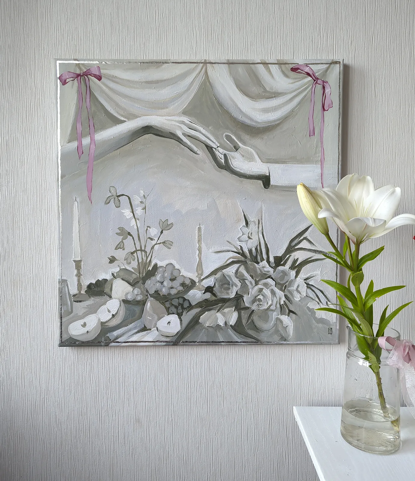 Image of A life well loved by Olha Vlasova, size: 60x60 cm, made of Acrylic on canvas, Painting medium, from Ukraine, part of the Romanticization series, priced at €700 Photo 3 of 6.
