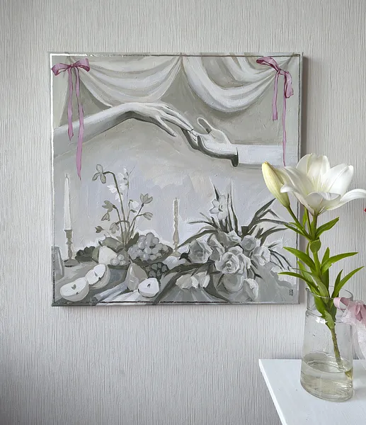 Image of A life well loved by Olha Vlasova, size: 60x60 cm, made of Acrylic on canvas, Painting medium, from Ukraine, part of the Romanticization series, priced at €700 Photo 3 of 6.