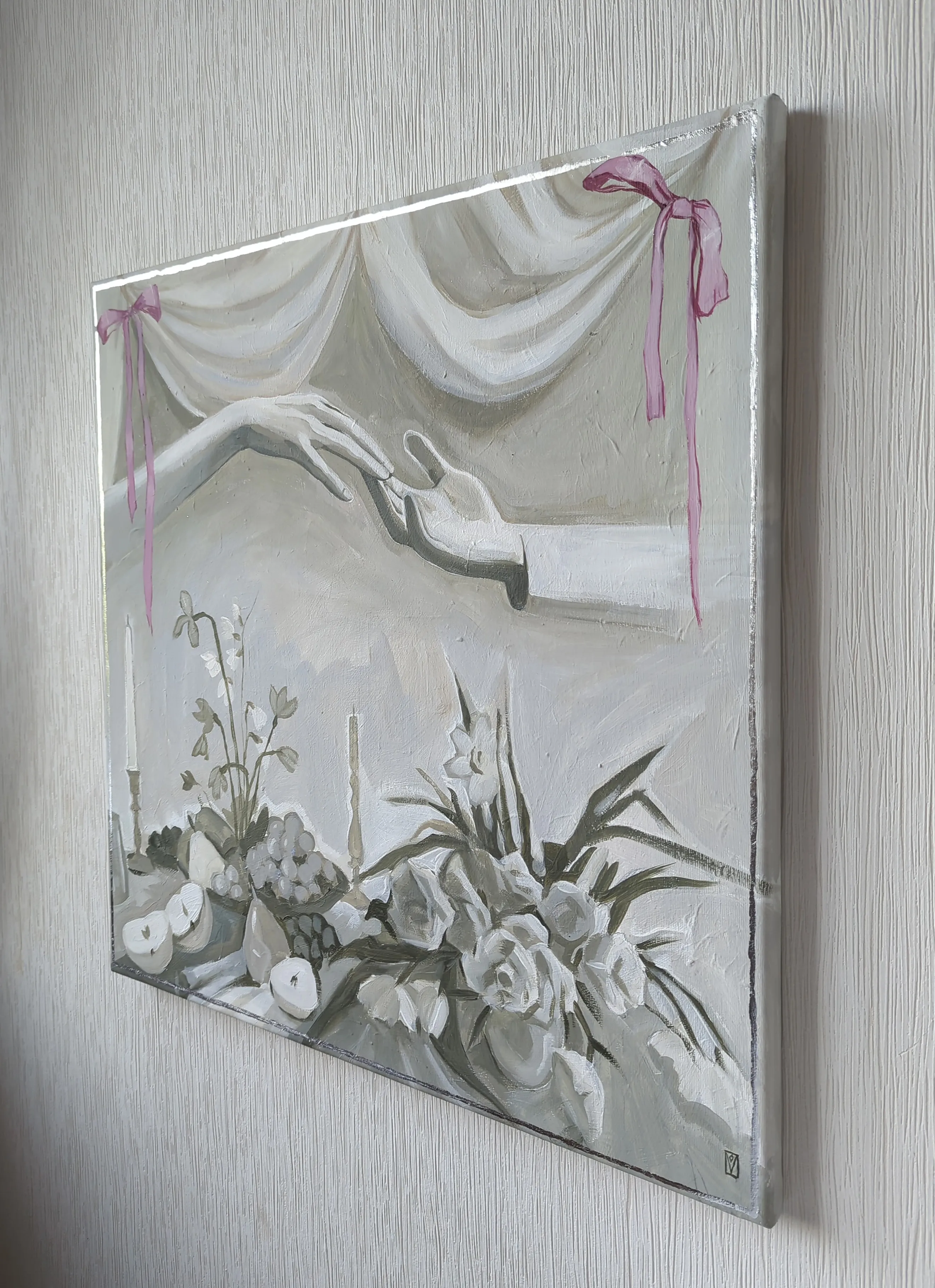 Image of A life well loved by Olha Vlasova, size: 60x60 cm, made of Acrylic on canvas, Painting medium, from Ukraine, part of the Romanticization series, priced at €700 Photo 4 of 6.