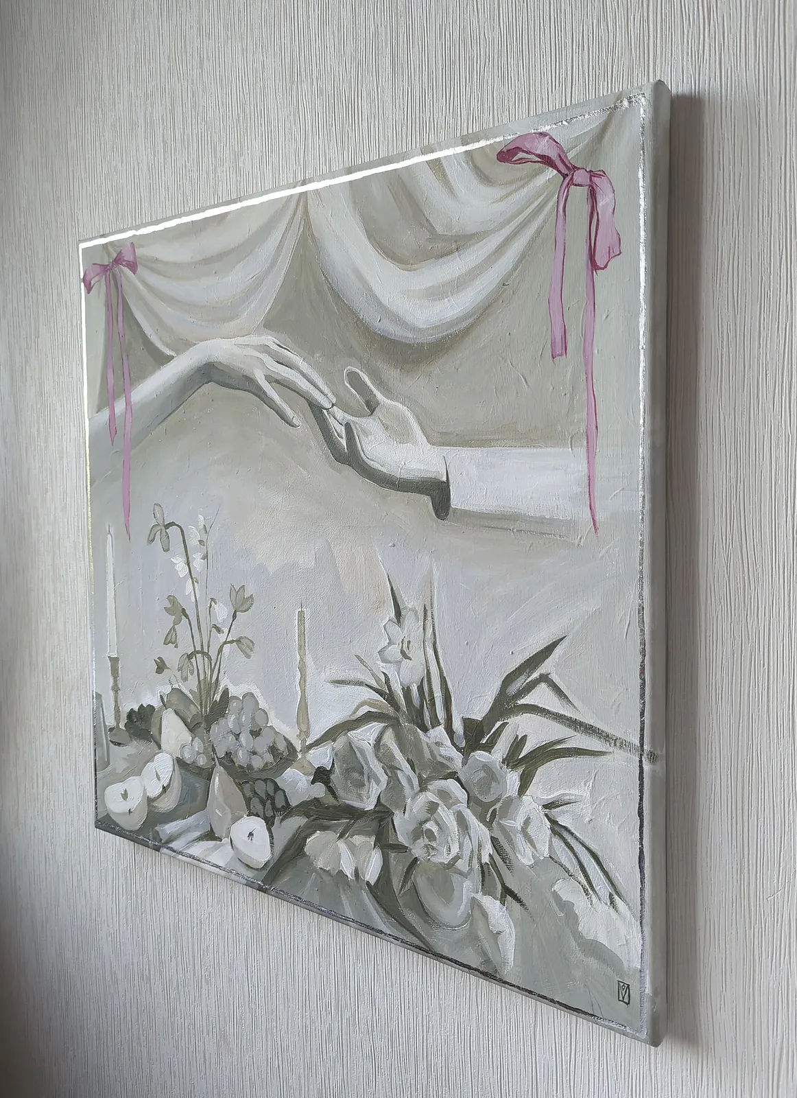 Image of A life well loved by Olha Vlasova, size: 60x60 cm, made of Acrylic on canvas, Painting medium, from Ukraine, part of the Romanticization series, priced at €700 Photo 4 of 6.