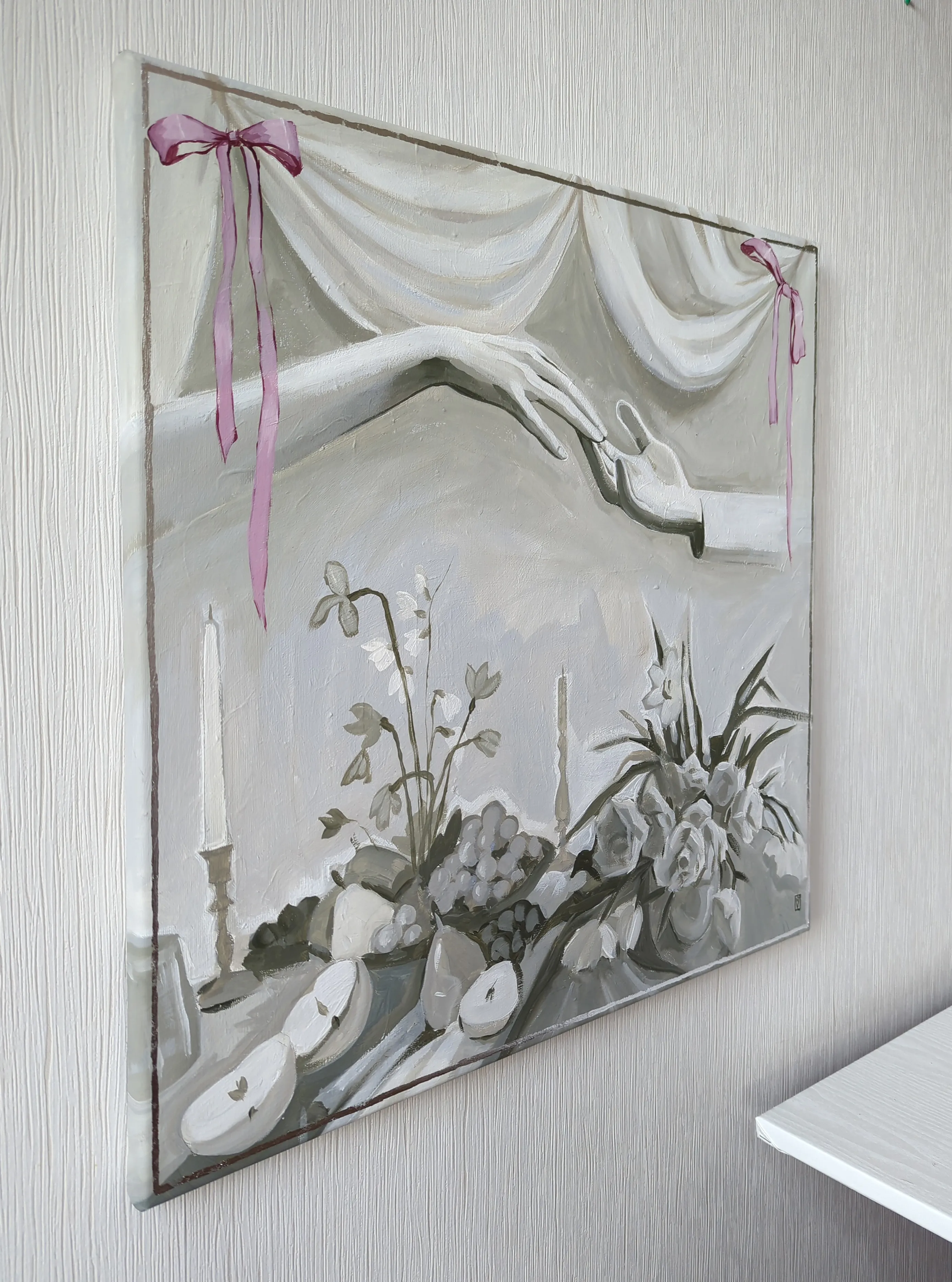 Image of A life well loved by Olha Vlasova, size: 60x60 cm, made of Acrylic on canvas, Painting medium, from Ukraine, part of the Romanticization series, priced at €700 Photo 5 of 6.