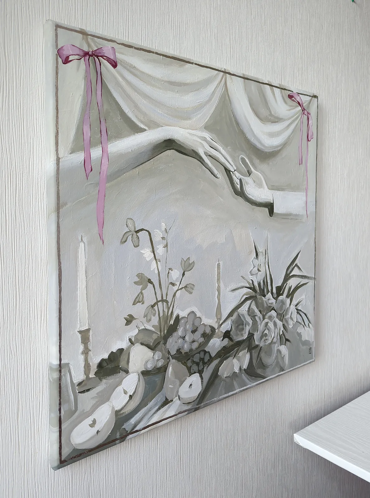 Image of A life well loved by Olha Vlasova, size: 60x60 cm, made of Acrylic on canvas, Painting medium, from Ukraine, part of the Romanticization series, priced at €700 Photo 5 of 6.