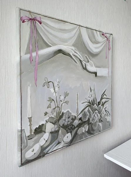 Image of A life well loved by Olha Vlasova, size: 60x60 cm, made of Acrylic on canvas, Painting medium, from Ukraine, part of the Romanticization series, priced at €700 Photo 5 of 6.