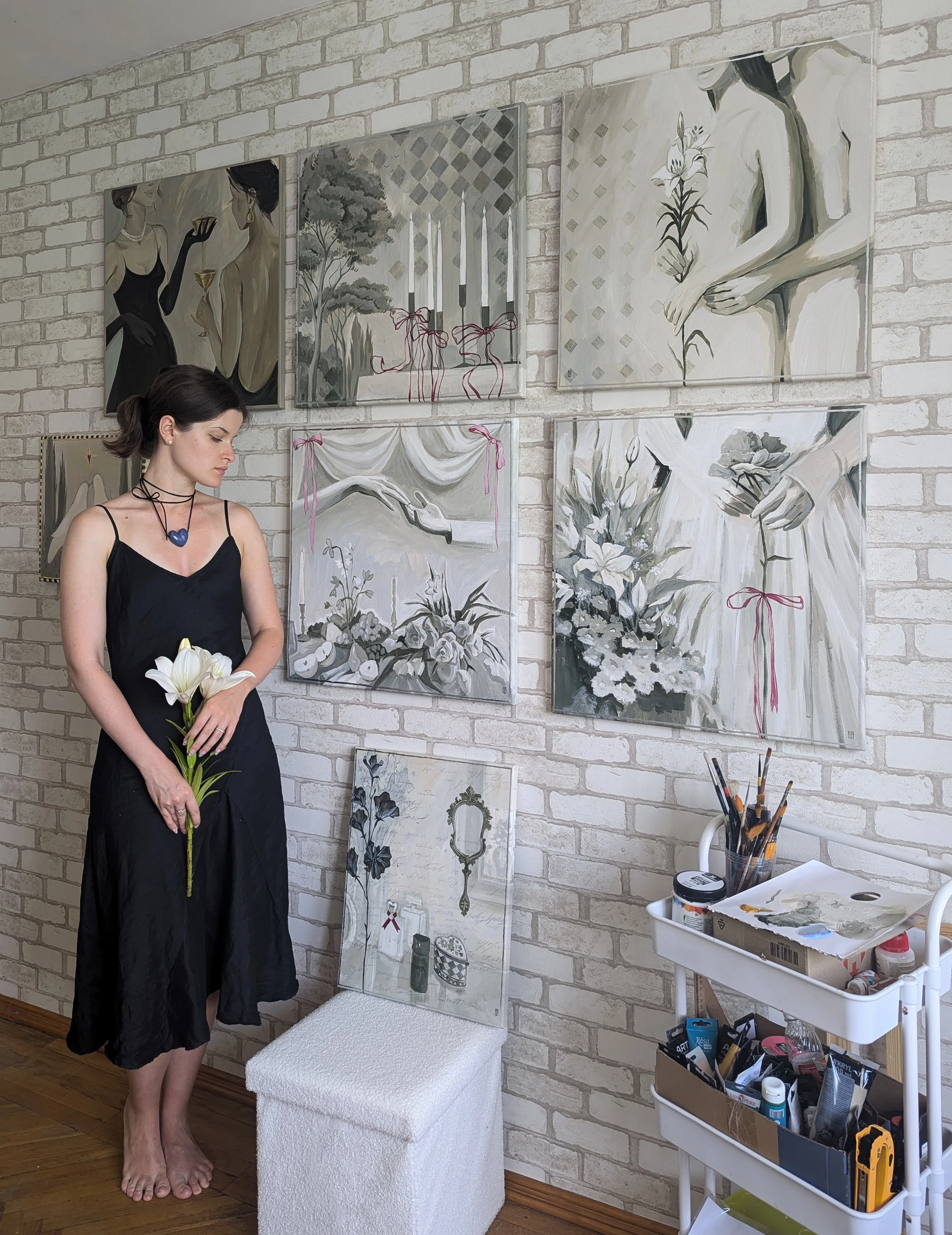 Image of A life well loved by Olha Vlasova, size: 60x60 cm, made of Acrylic on canvas, Painting medium, from Ukraine, part of the Romanticization series, priced at €700 Photo 6 of 6.