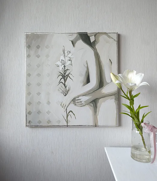 Image of Pure intimacy by Olha Vlasova, size: 60x60 cm, made of Acrylic on canvas, Painting medium, from Ukraine, part of the Romanticization series, priced at €700 Photo 3 of 6.