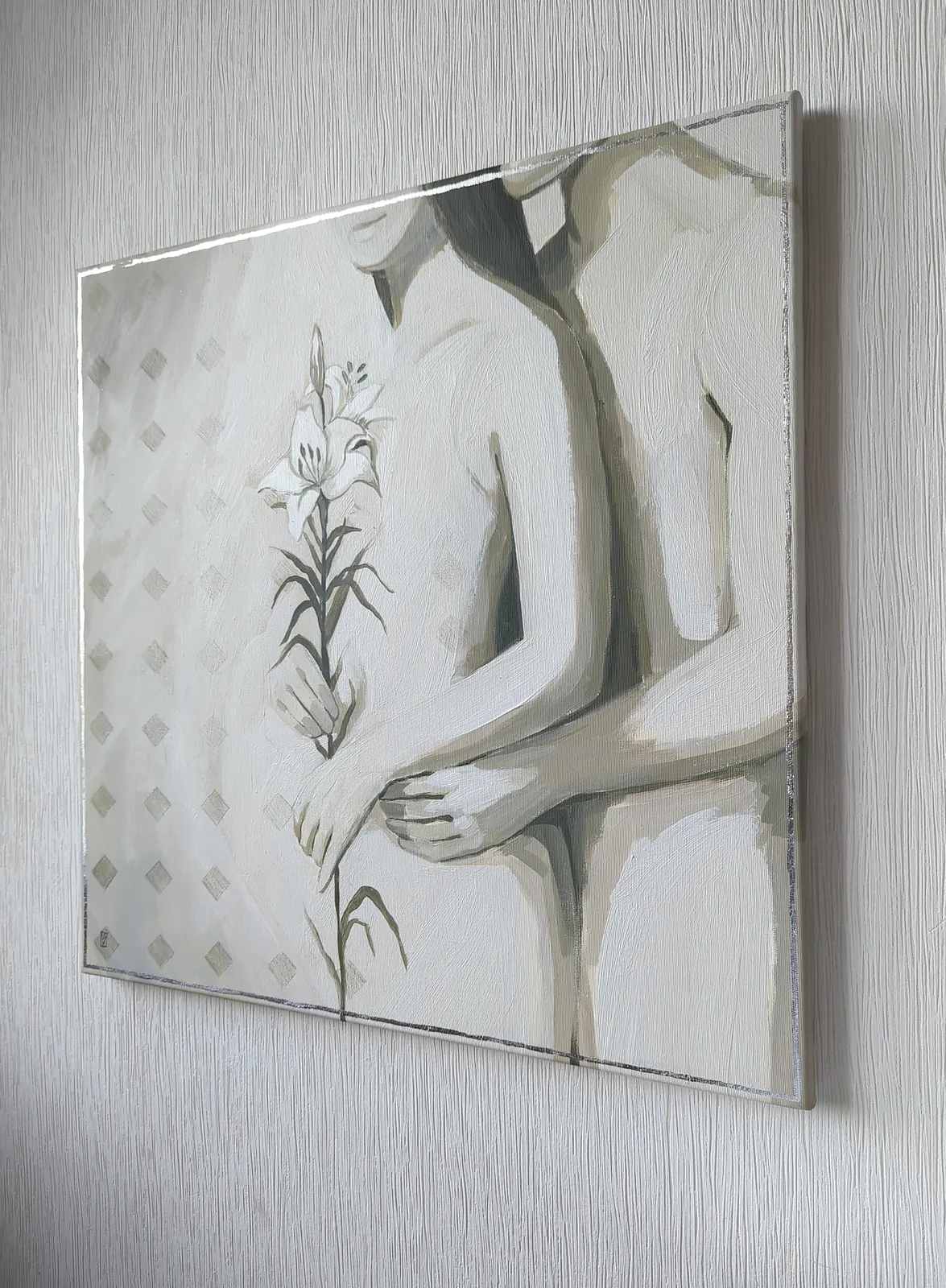Image of Pure intimacy by Olha Vlasova, size: 60x60 cm, made of Acrylic on canvas, Painting medium, from Ukraine, part of the Romanticization series, priced at €700 (≈ 36,239 грн) Photo 4 of 6.