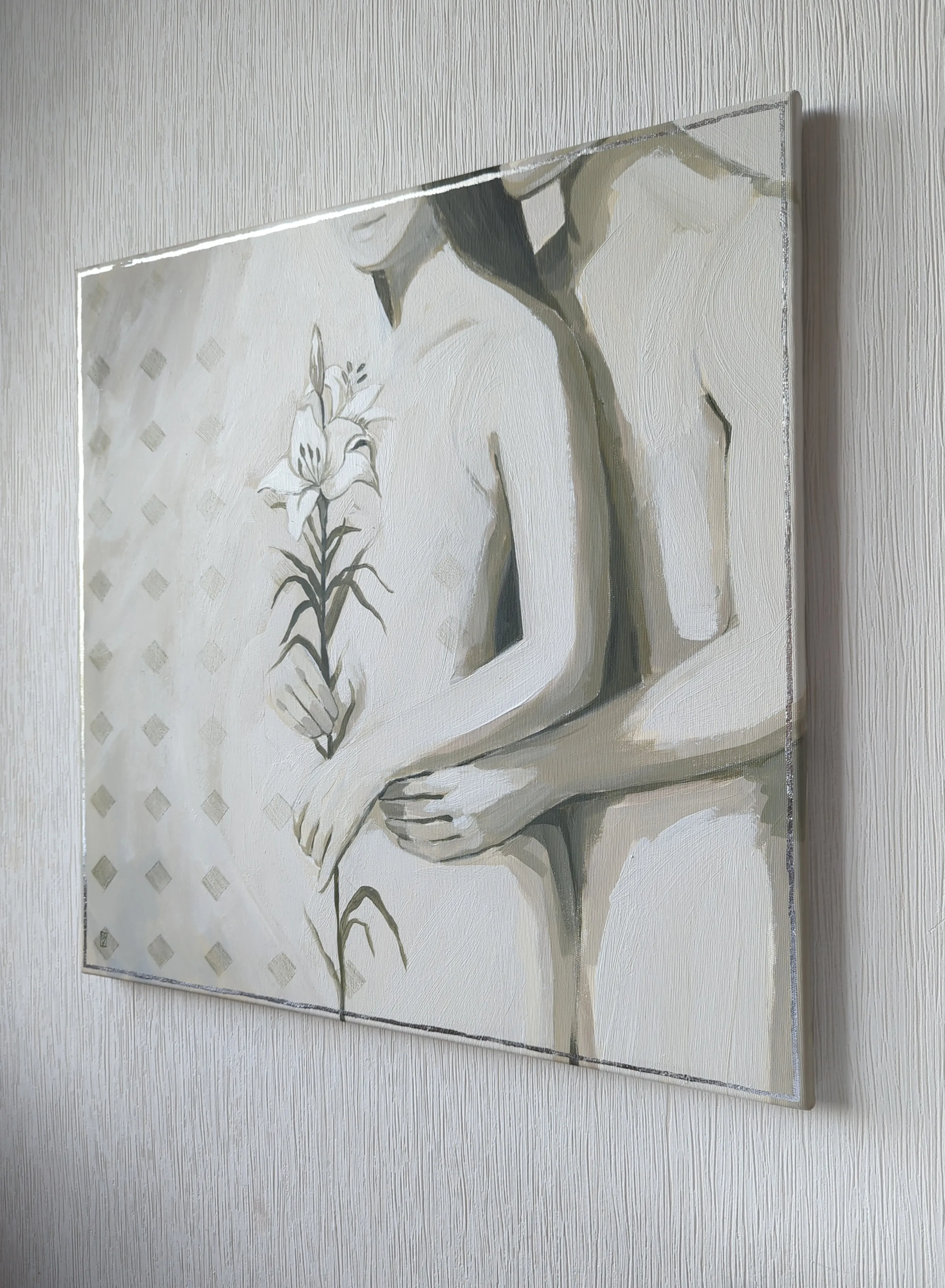 Image of Pure intimacy by Olha Vlasova, size: 60x60 cm, made of Acrylic on canvas, Painting medium, from Ukraine, part of the Romanticization series, priced at €700 Photo 4 of 6.