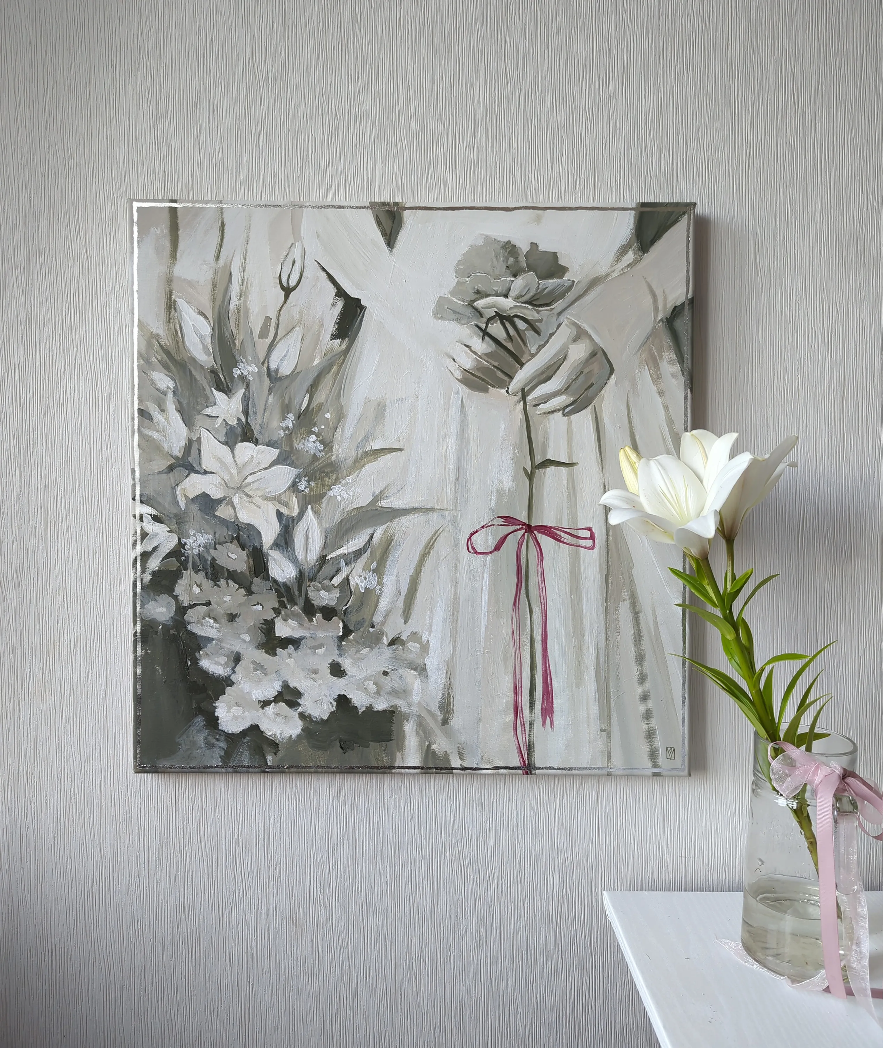 Image of Juliet by Olha Vlasova, size: 60x60 cm, made of Acrylic on canvas, Painting medium, from Ukraine, part of the Romanticization series, priced at €700 Photo 3 of 5.