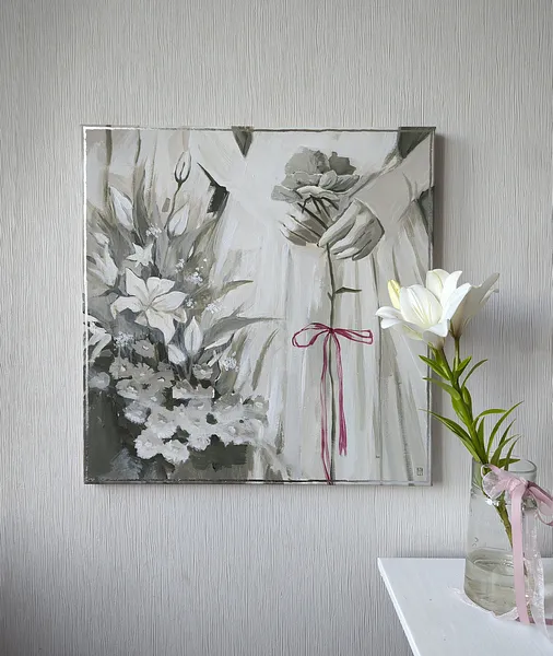 Image of Juliet by Olha Vlasova, size: 60x60 cm, made of Acrylic on canvas, Painting medium, from Ukraine, part of the Romanticization series, priced at €700 Photo 3 of 5.