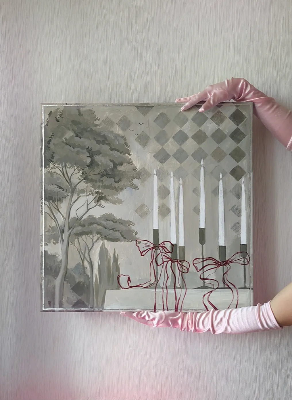 Image of Candlelit harmony by Olha Vlasova, size: 60x60 cm, made of Acrylic on canvas, Painting medium, from Ukraine, part of the Romanticization series, priced at €700 Photo 4 of 4.