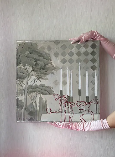 Image of Candlelit harmony by Olha Vlasova, size: 60x60 cm, made of Acrylic on canvas, Painting medium, from Ukraine, part of the Romanticization series, priced at €700 Photo 4 of 4.