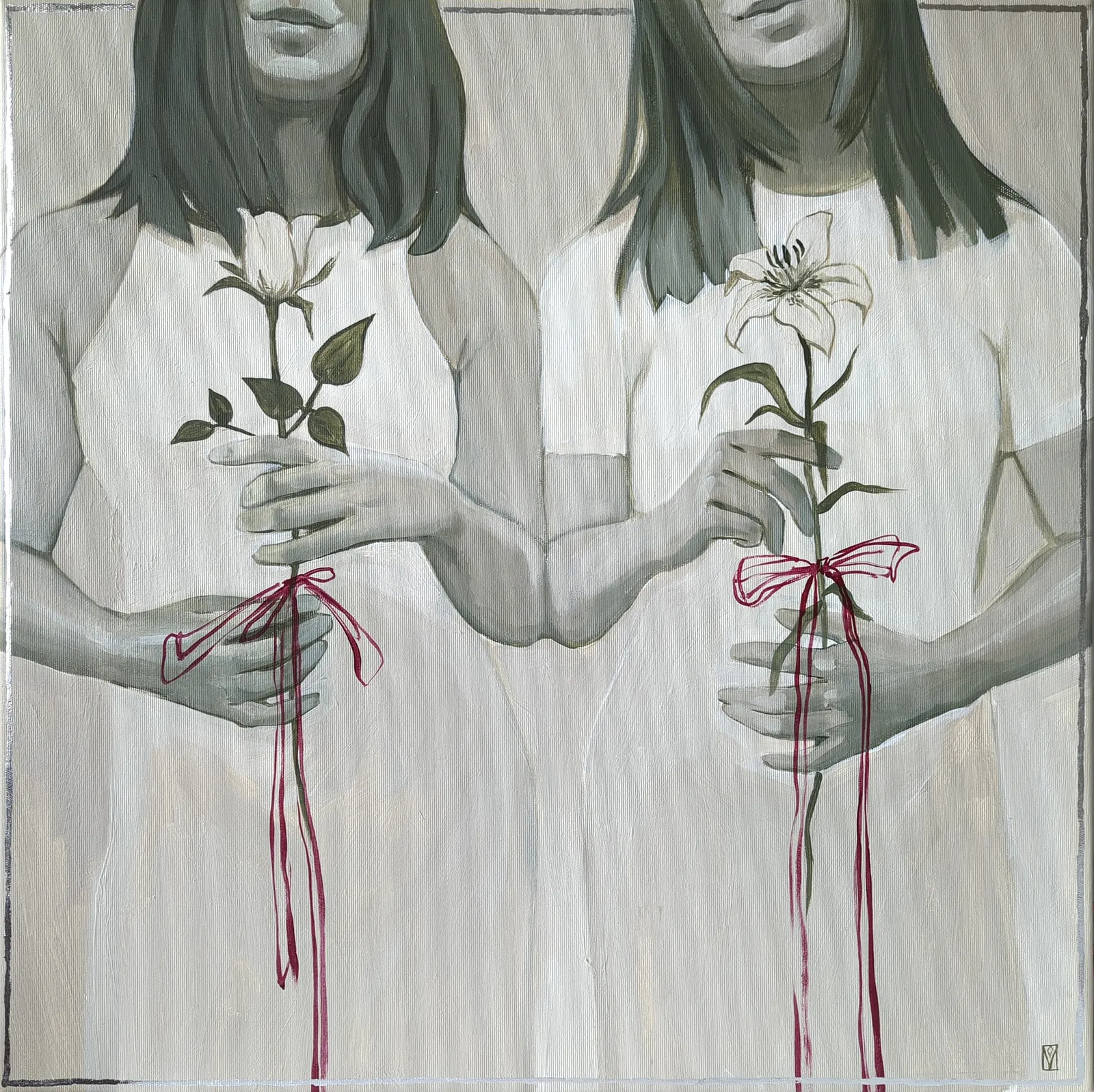 Image of Sisters by Olha Vlasova, size: 60x60 cm, made of Acrylic on canvas, Painting medium, from Ukraine, part of the Romanticization series, priced at €700 Photo 1 of 4.