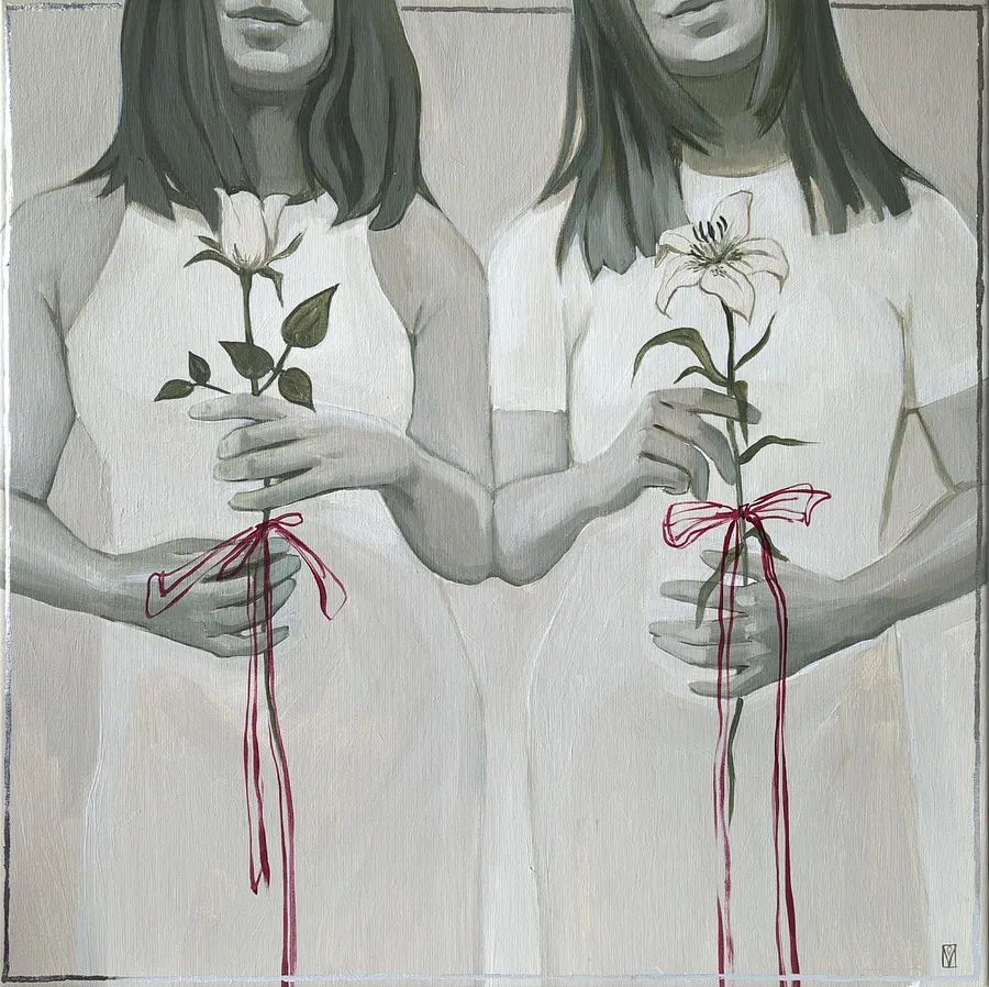 Image of Sisters by Olha Vlasova, size: 60x60 cm, made of Acrylic on canvas, Painting medium, from Ukraine, part of the Romanticization series, priced at €700