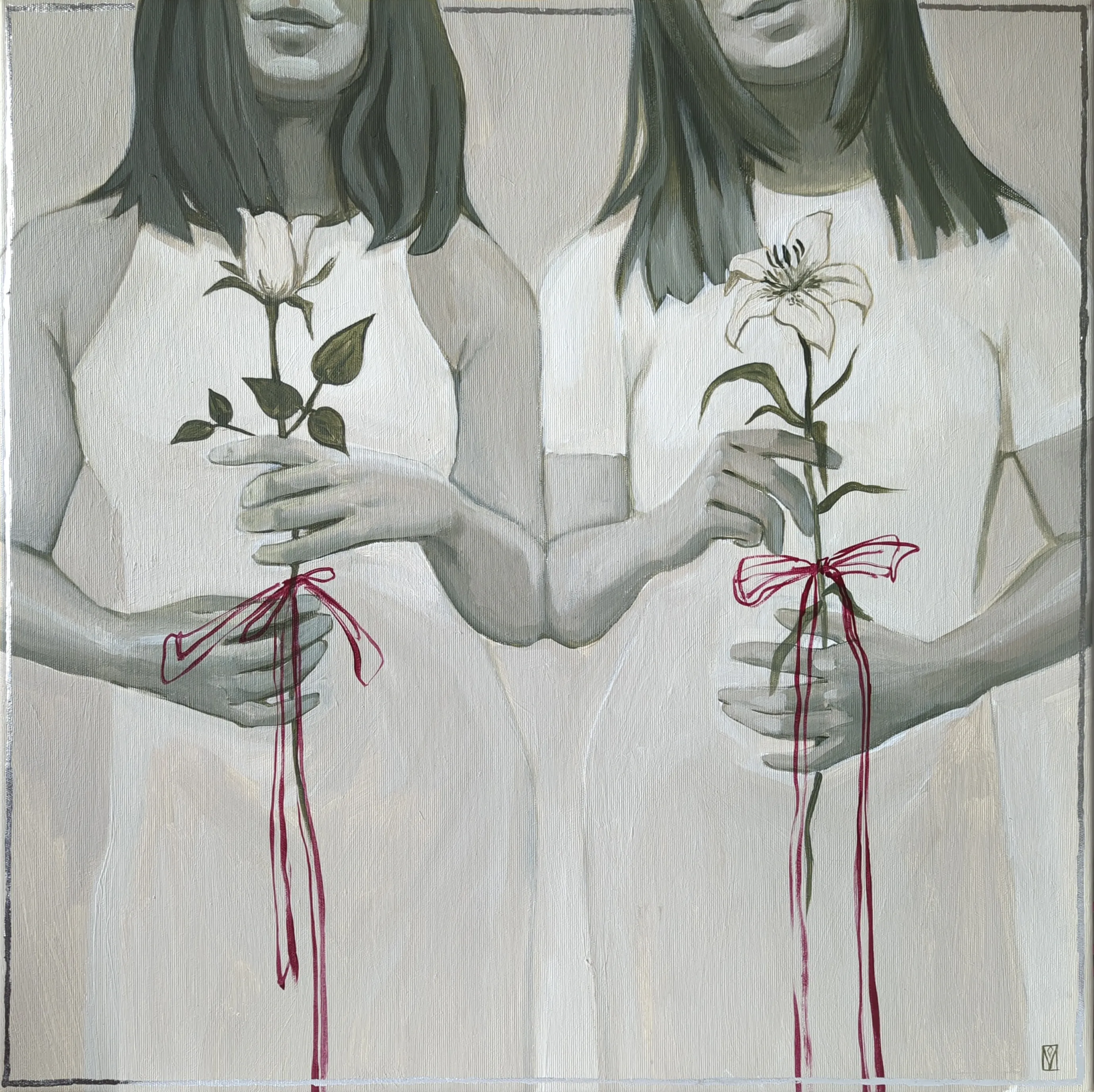 Image of Sisters by Olha Vlasova, size: 60x60 cm, made of Acrylic on canvas, Painting medium, from Ukraine, part of the Romanticization series, priced at €700 (≈ 36,239 грн) Photo 1 of 4.