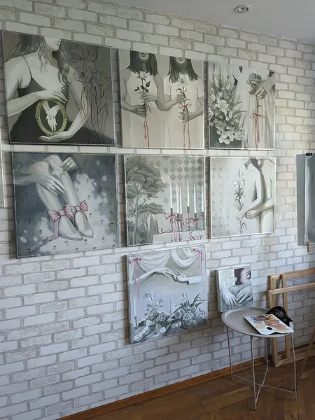 Image of Sisters by Olha Vlasova, size: 60x60 cm, made of Acrylic on canvas, Painting medium, from Ukraine, part of the Romanticization series, priced at €700 Photo 2 of 4.