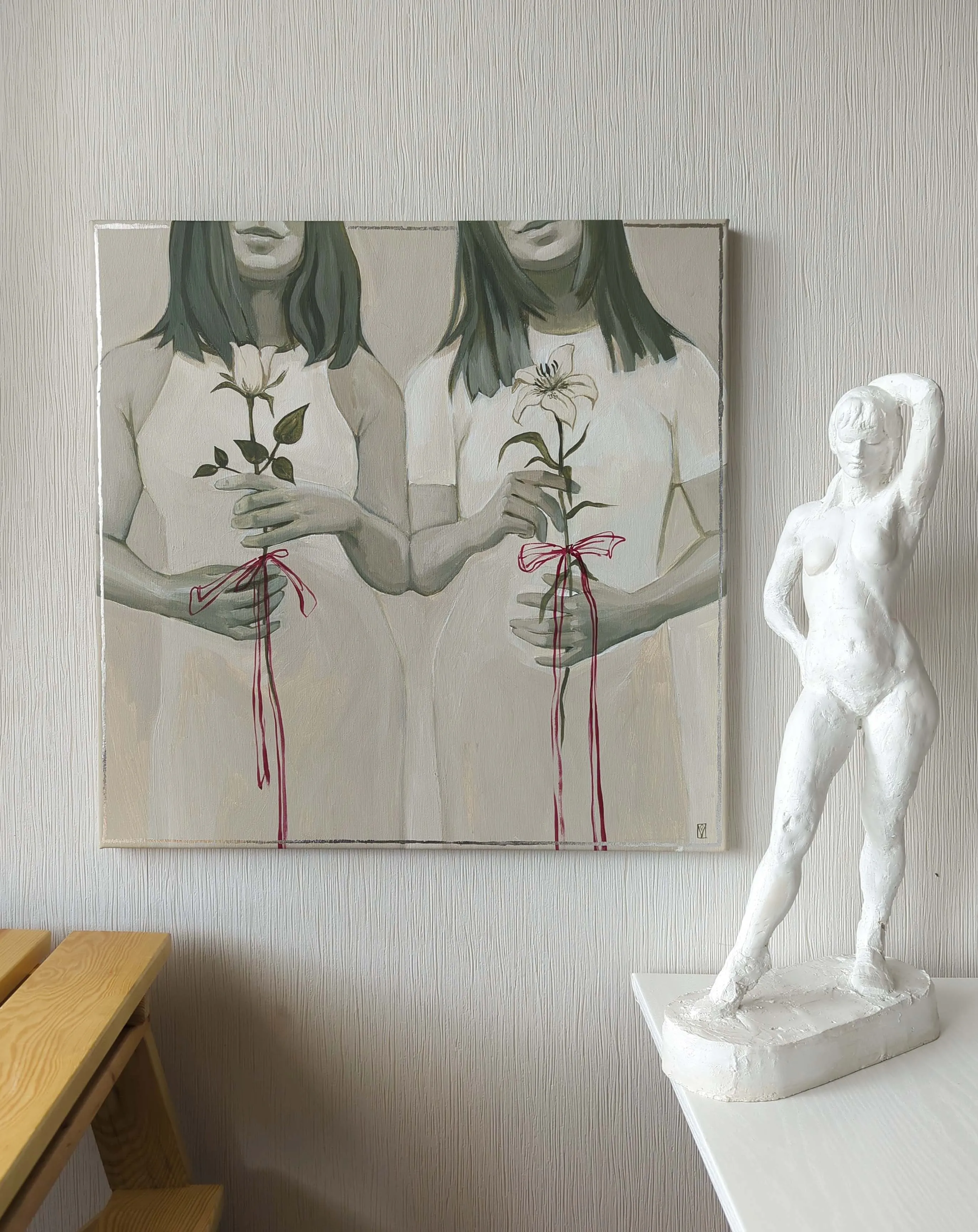 Image of Sisters by Olha Vlasova, size: 60x60 cm, made of Acrylic on canvas, Painting medium, from Ukraine, part of the Romanticization series, priced at €700 Photo 3 of 4.